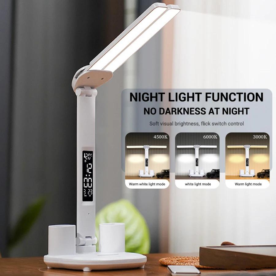 LED Clock Table Lamp USB Chargeable Dimmable Desk Lamps 2 Heads 180 Rotate Foldable Eye Protection Desktop Reading Night Lights
