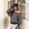 Long Sleeve Oversized Knitted Sexy Off the Shoulder Stripe Casual Loose Spring Autumn T Shirt Tops Women T-shirt