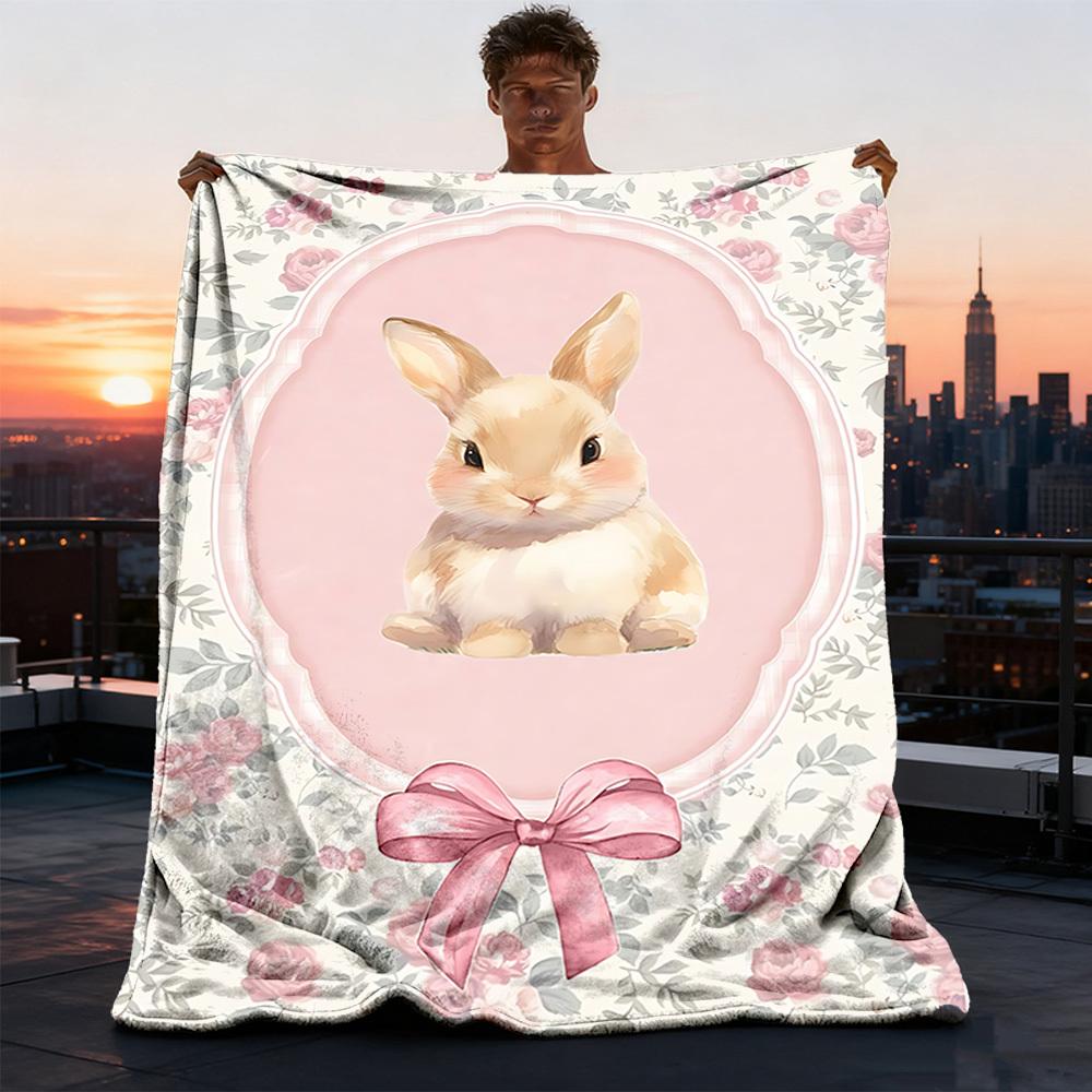 1pc Bunny Print Outdoor Flannel Blanket , Machine Washable Perfect Gift for Birthday , Holiday Travel Accessory , Durable Material