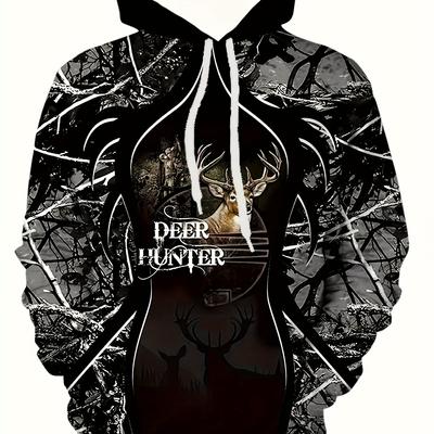 Men's Spring And Autumn 3D Digital DEER HUNTER Print Hooded Long Sleeve Sweatshirt Stylish Chic Hoodie Outdoors Sports Wear
