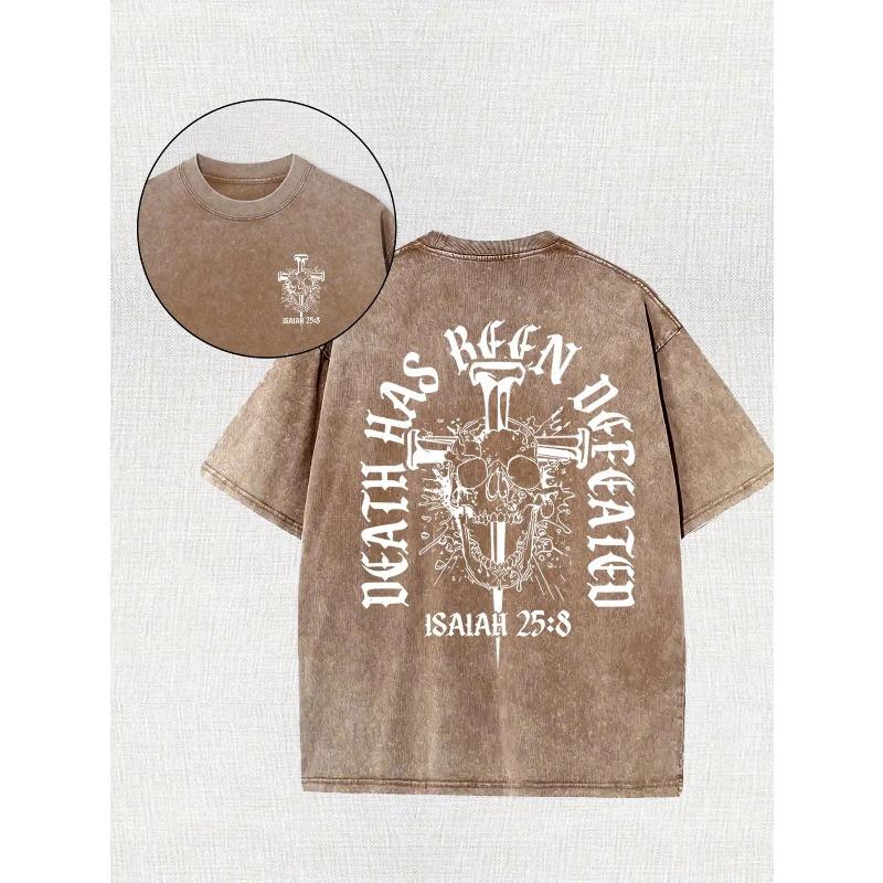 Men's Faith T-Shirt - "Death Has Been Defeated" Skull & Cross Back Print , Vintage Washed , Loose Fit Drop Shoulder Streetwear, Concerts & Casual Wear