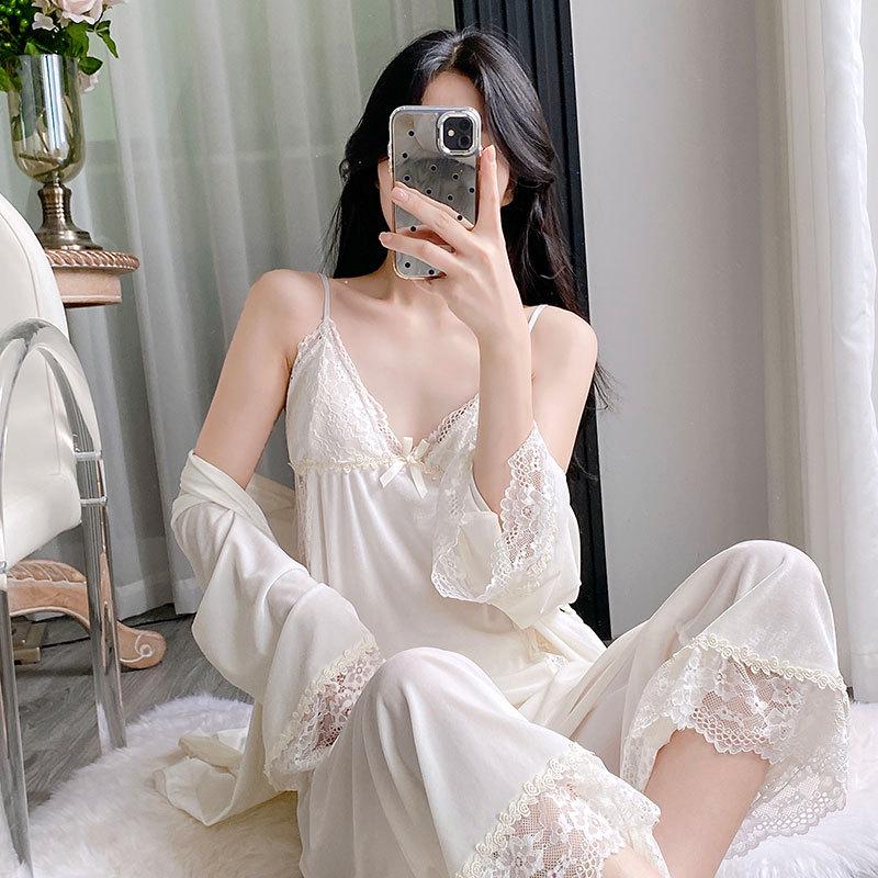 Damen Eisseide Dreiteiliger Pyjama-Set - Spitzen-Camisole, Lange Hose, Morgenmantel - Sexy Frühling/Sommer Homewear