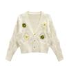 New Spring and Autumn Small Fresh Design Neck Knitted Women's Cardigan Short Green Flower Sweater Top