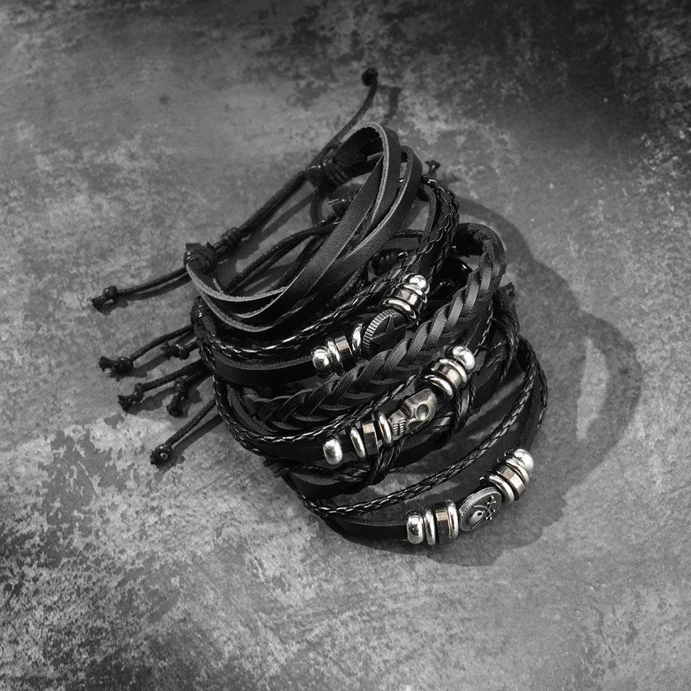 Pulseira de couro pirata caveira padrão estrela tecido metal rock joias para festa