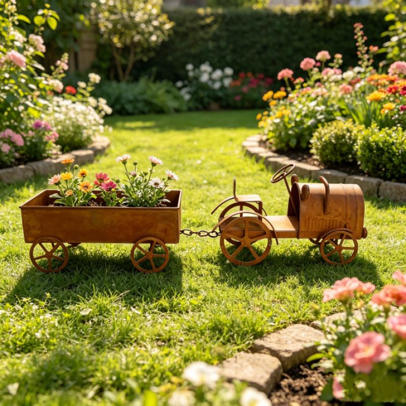 Rusty Vintage Metal Tractor Planter with Wheels Rustic Farmhouse Decorative Truck Carriage for Plants & Floral Displays