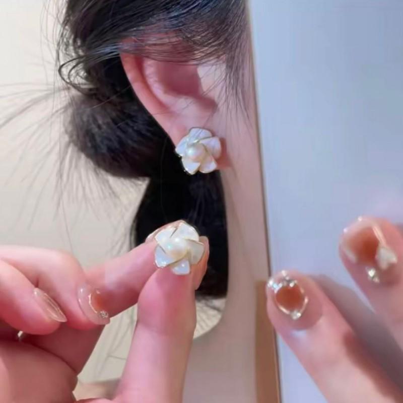 Elegant Pearl Camellia Flower Earrings Sterling Studs Minimalist Fashion Jewelry Women