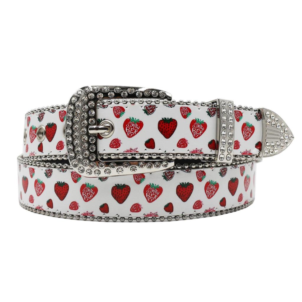 Leren Riem met Aardbeienprint en Strass - Y2K Punk Koppel Modetrend