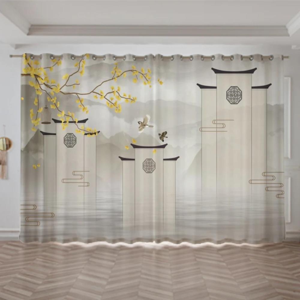 Neuer chinesischer Fluss-Berg-Landschaftsmalerei-Vorhang für Schlafzimmer Wohnzimmer bodentiefes Fenster cortinas Jalousien Drapierung 2 Paneele