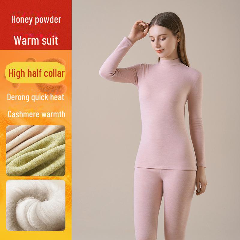 Set de lenjerie termică din mătase de cașmir pentru damă, cu guler mijlociu-înalt, catifea germană care absoarbe umezeala, plus fund de catifea, pentru toamnă și iarnă.