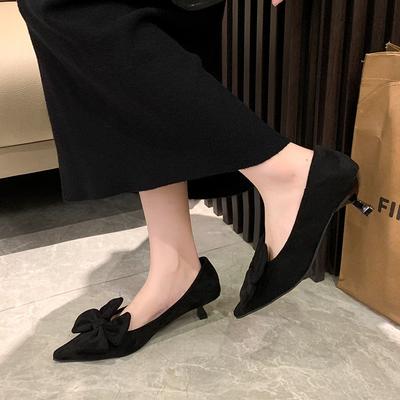 Zapatos Individuales de Tacón Fino para Mujer Otoño Nuevo Punta Afilada Boca Baja Ante Lazo de Mariposa Antideslizantes Zapatos Bajos