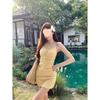 Elegant Yellow Strappy Dress & Cardigan Set - Women’s Slimming, Padded Waist-Cinched French Style