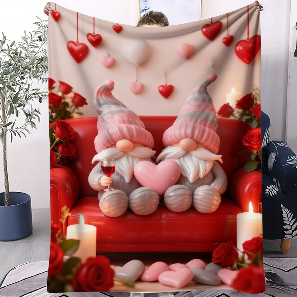 Gnome Couple Love Themed Flannel Blanket Happy Valentines Day Warm Plush Throw for Home Decor Sofa Bed Cover Camping Travel