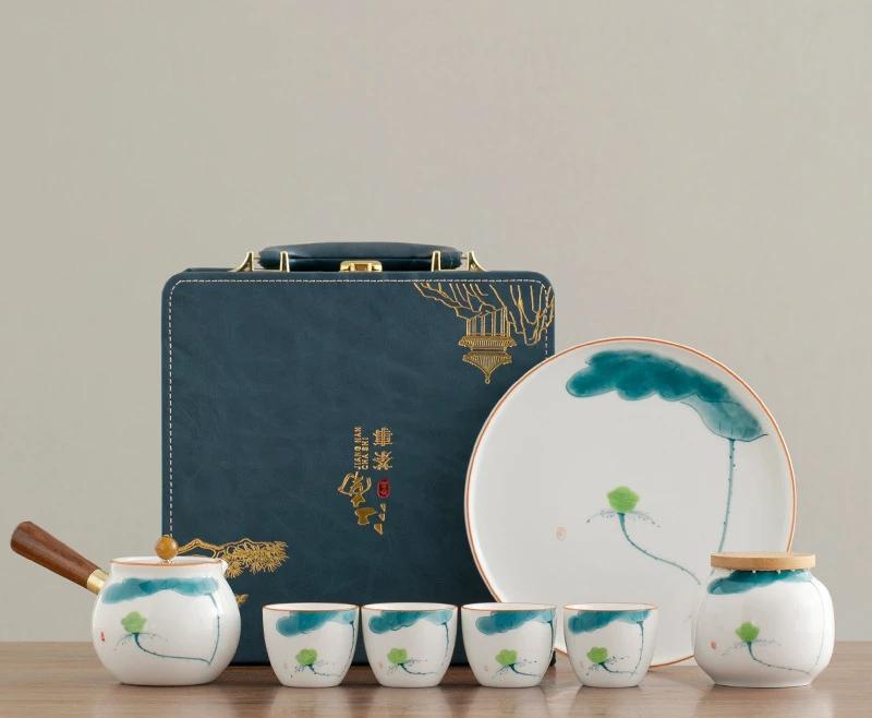 

Hand-painted portable tea set side handle pot Travel Teapot and Cup set Outdoor one pot of four cups with tea pot with tea tray