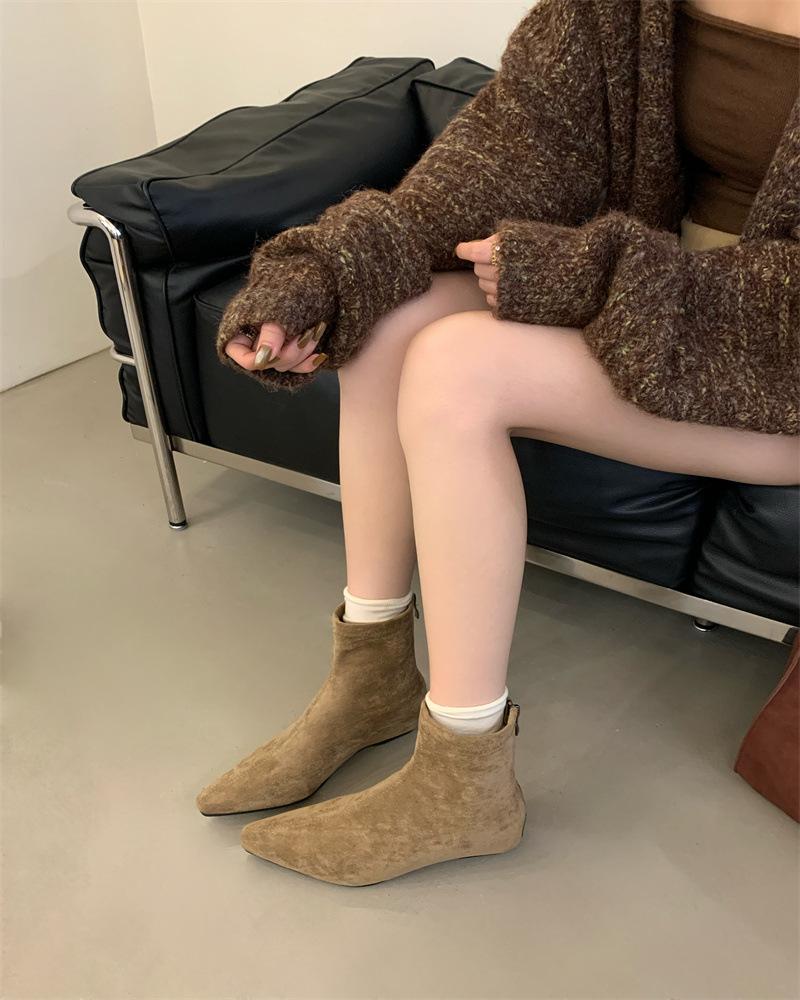 

Short Boots Women s 2025 Autumn and Winter Single Boots and Bare Ankle Boots Suede Small Heel Pointed French Thin Heel Skinny Boots 39 хаки