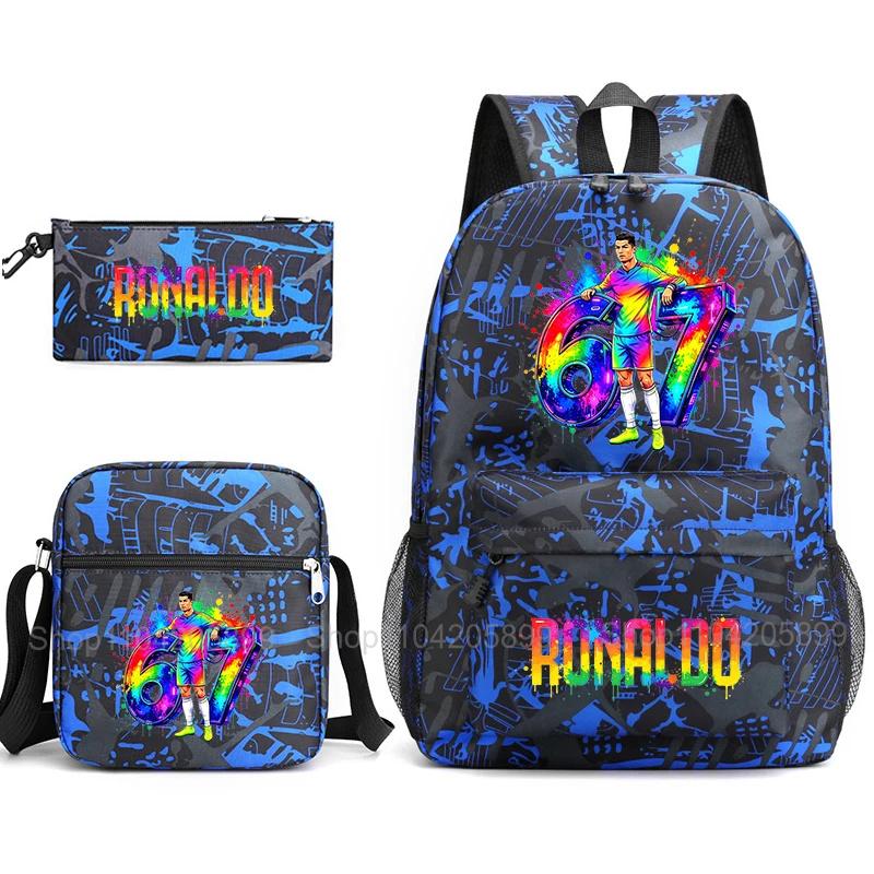 CR7 Ronaldo Backpack Football 67 Print School Bag With Shoulder Bag & Pencil Case For Student Boys Gift Daily Travel Rucksack