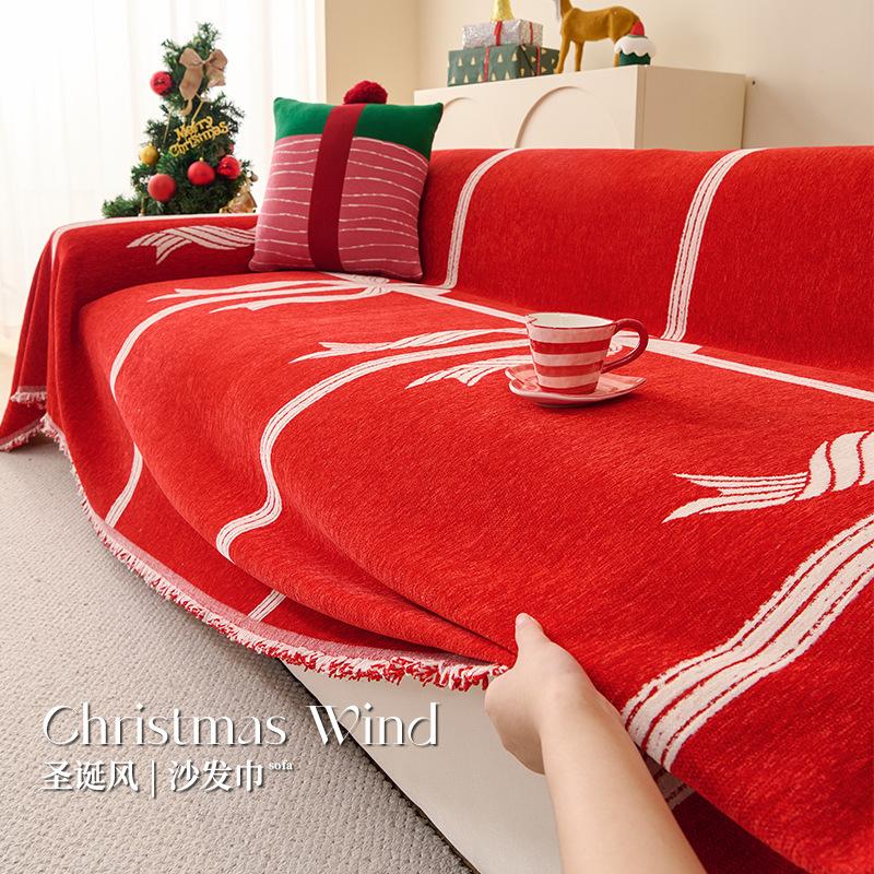 Christmas Red Sofa Towel Fully Covered Sofa Cushion Luxurious Living Room Sofa Cover Blanket Non-Slip Festive Decorations