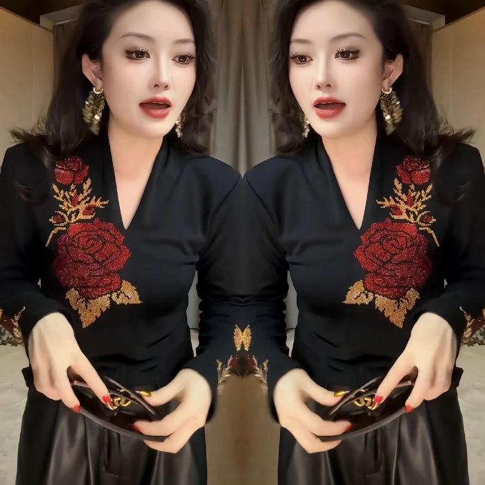 Stylish Beaded V-Neck Slim Fit Women s Top - Perfect Autumn/Winter Layer 3XL