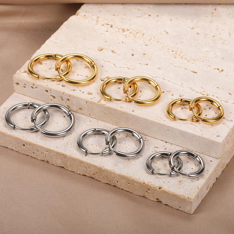 Fashion Smooth Round Stainless Steel Hoop Earrings Woman Gold Copper Color Ear Buckle Huggie Daily Female Zircon Accessories