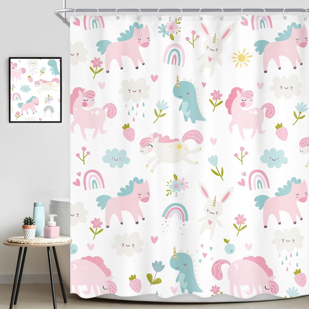 Kids Shower Curtain Girls Rainbow Dinosaur Dino Funny Fairy Animal Cartoon Cute Horse Pink Flower Inch Lovely Rabbit Bathroom