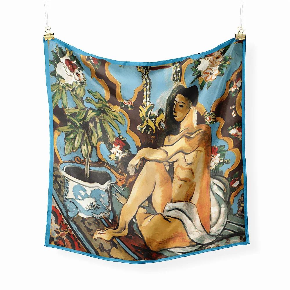 Oil Painting Twill Silk Scarf Women Bandana Foulard Female Headbands Neck Kerchief Fashion Print Square Scarves