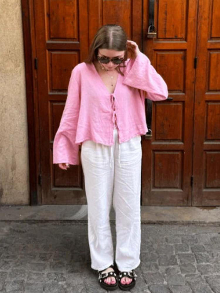 2025 Summer White Lace Up Shirts For Women‘s Elegant Loose Long Sleeve V-neck Blouse Female Solid Causal Street Chic Lady Tops