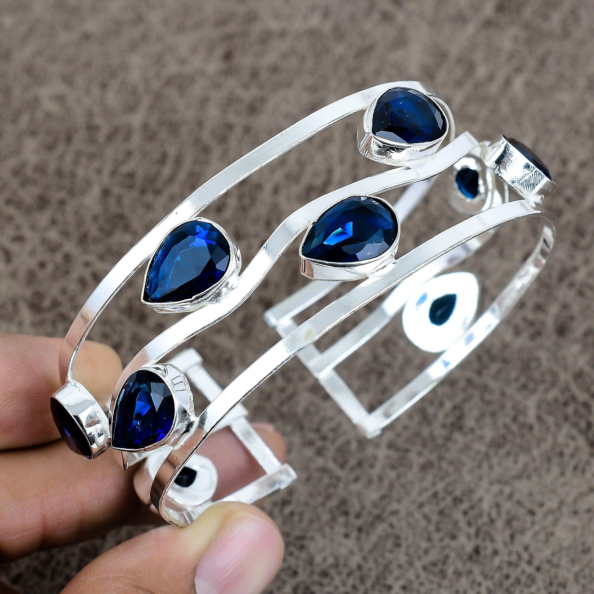 

London Blue Topaz Gemstone 925 Sterling Silver Cuff Bangle Adjustable KKG-204