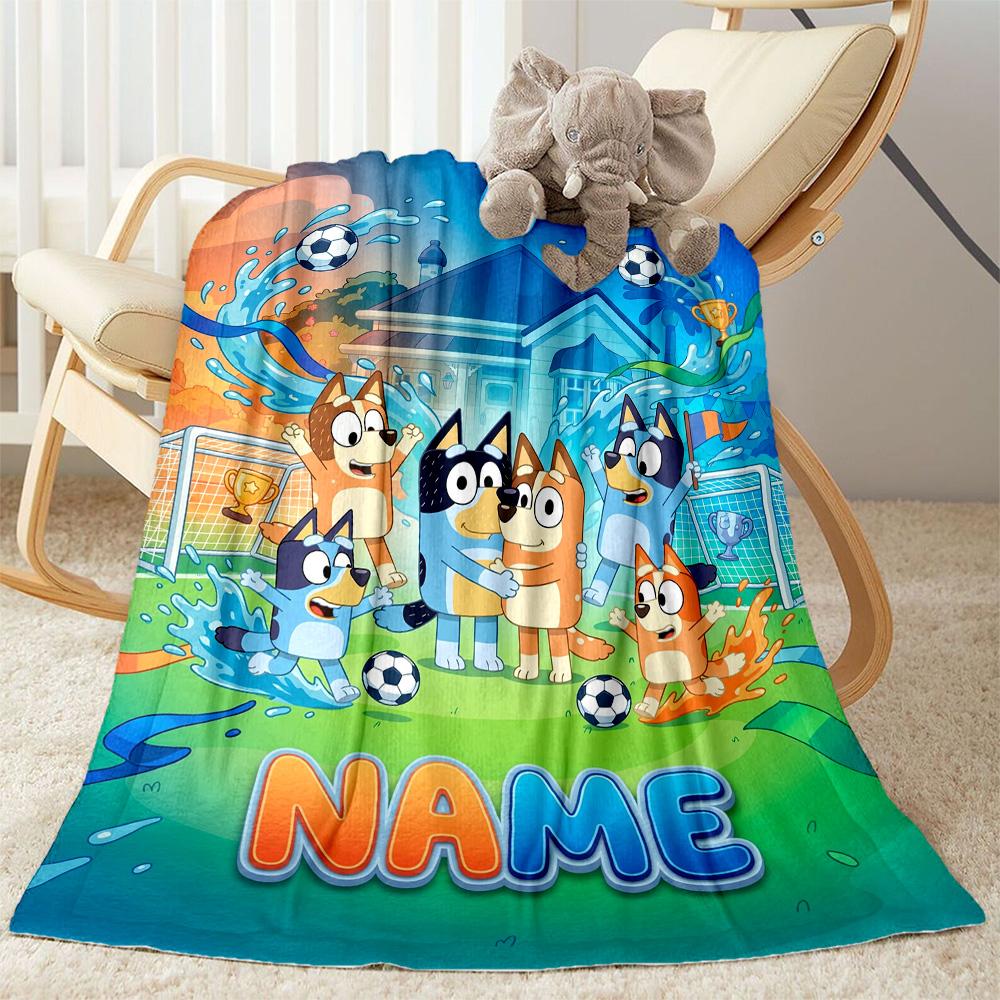 Soccer Fun Bluey Personalized Name Blanket Throw Customizable Blanket Comfortable Versatile for Living Room Seaside Sofa Picnics Ideal for All Seasons