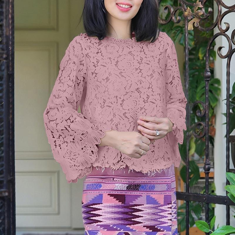 

ZANZEA Женская повседневная блузка с круглым вырезом и рукавом 3/4 в стиле пэчворк из кружева XL розовый