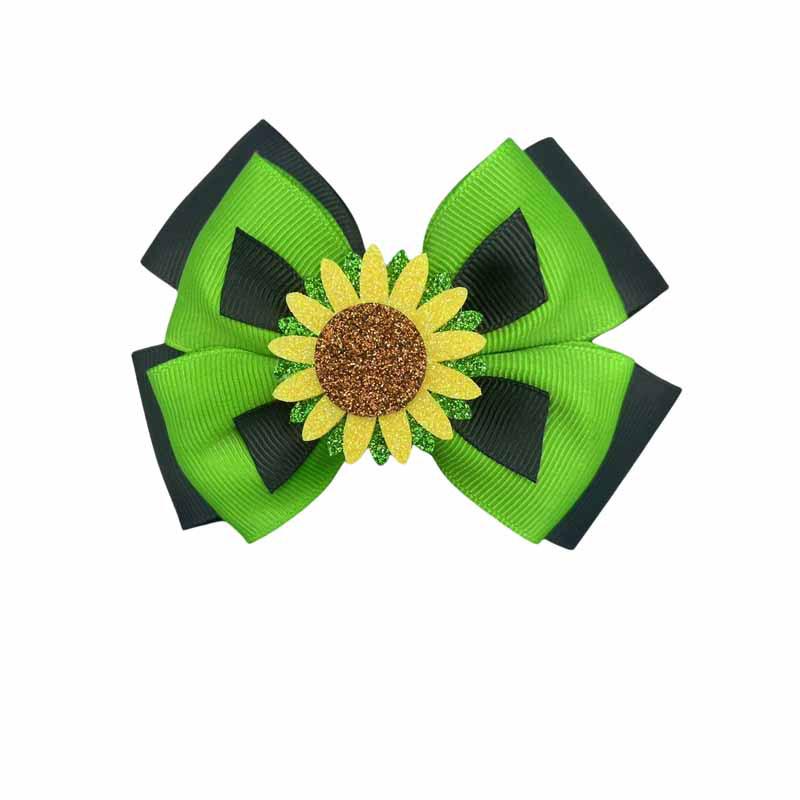 Green & Yellow Sunflower Bow Hair Clip - Double Layer Ribbed Party Headwear