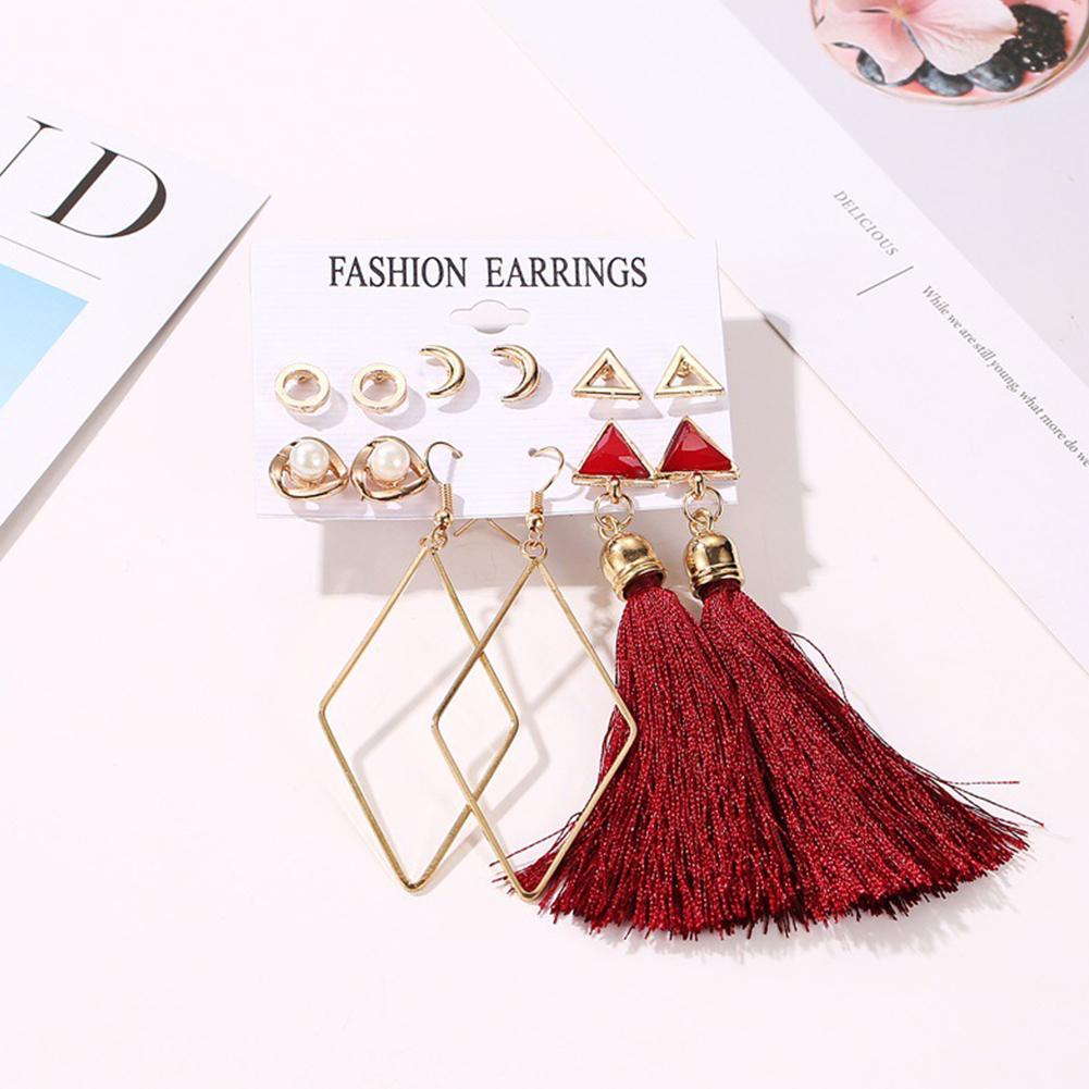6 Pairs Women Bohemian Pearl Geometric Fringed Beach Earrings
