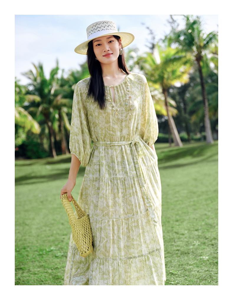 [Green Sound Skirt] Jiuzi Anna Kou Rural Style Relaxing Plant Printed Dress 2025 Summer New Style
