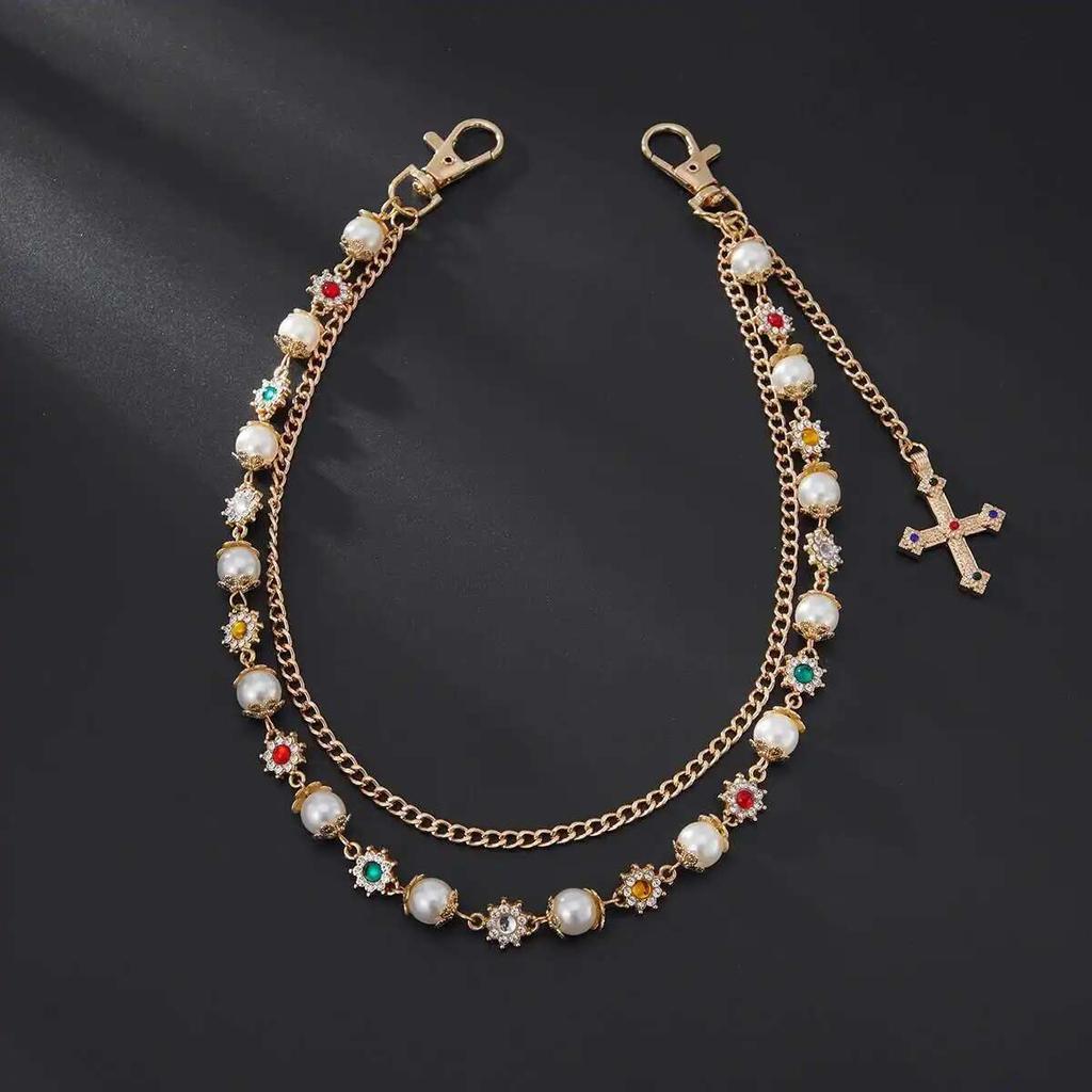 Salircon Punk Cross Rhinestone Pendant Keychain for Men Women Goth Pants Chain Hip-Hop Trousers Chain Belt Chain Male Jewelry