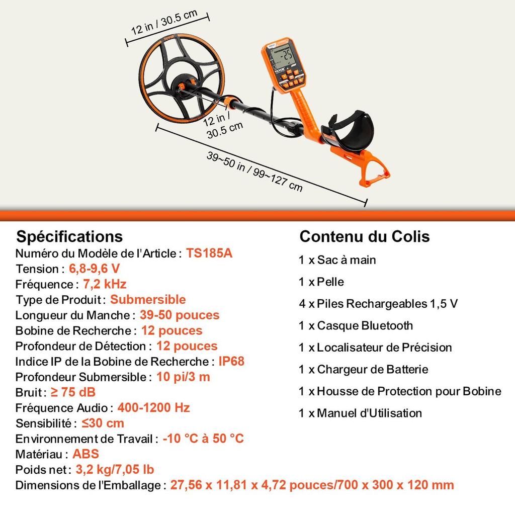 Waterproof Metal Detector, 12" Coil, Professional Rechargeable Gold Detector, 39-50 in Adjustable with LCD 7 Modes Advanced DSP Chip Bluetooth