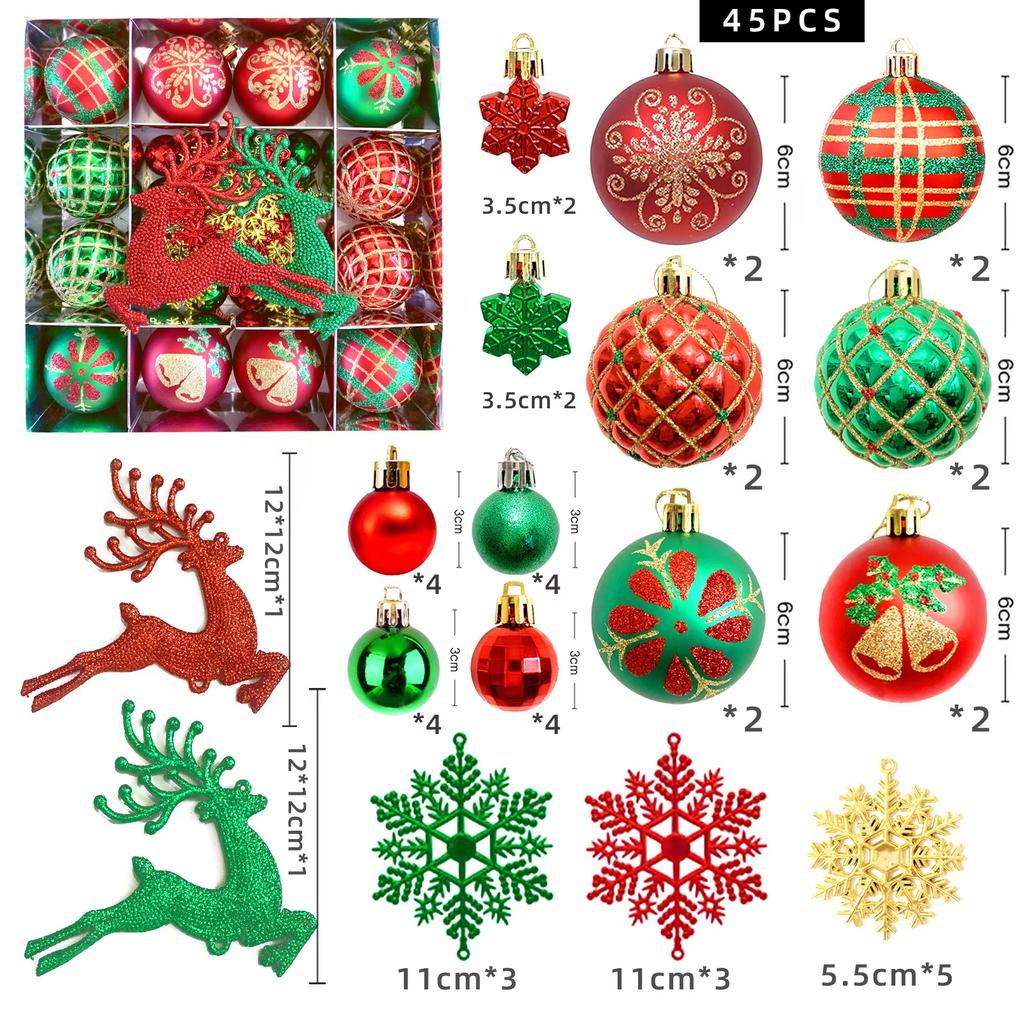 45Pcs Christmas Ball Set Luxury Xmas Balls With Snowflakes And Reindeer Christmas Tree Ornaments For Xmas Party Home Decoration