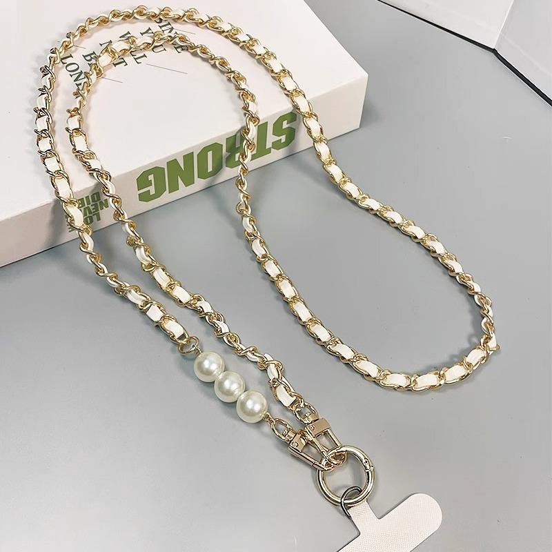 

For Mobile Phone Straps Pearl Leather Chain Long Crossbody Neck Band Shoulder Cord Anti Loss Rope Hang Metal Leather Pendant