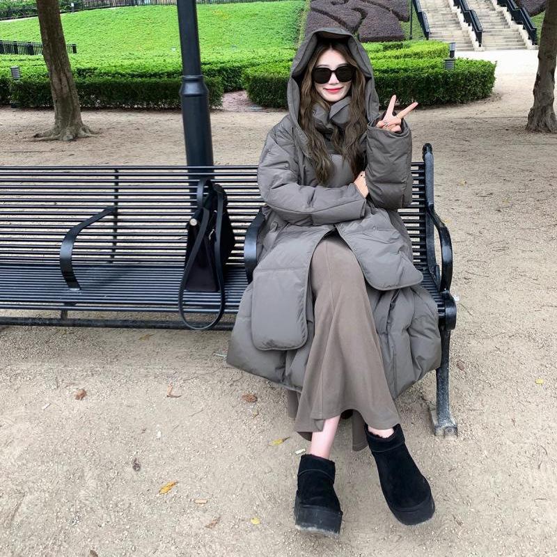 

Европейская и американская куртка из пухового хлопка, женская, длинная модель, свободная, до колена, зимняя теплая хлопковая куртка S серый