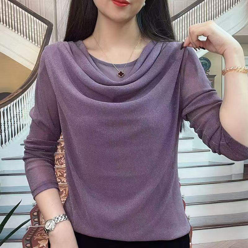 One-Piece 2025 Autumn Pile Collar Mesh Long-Sleeve Women's T-Shirt