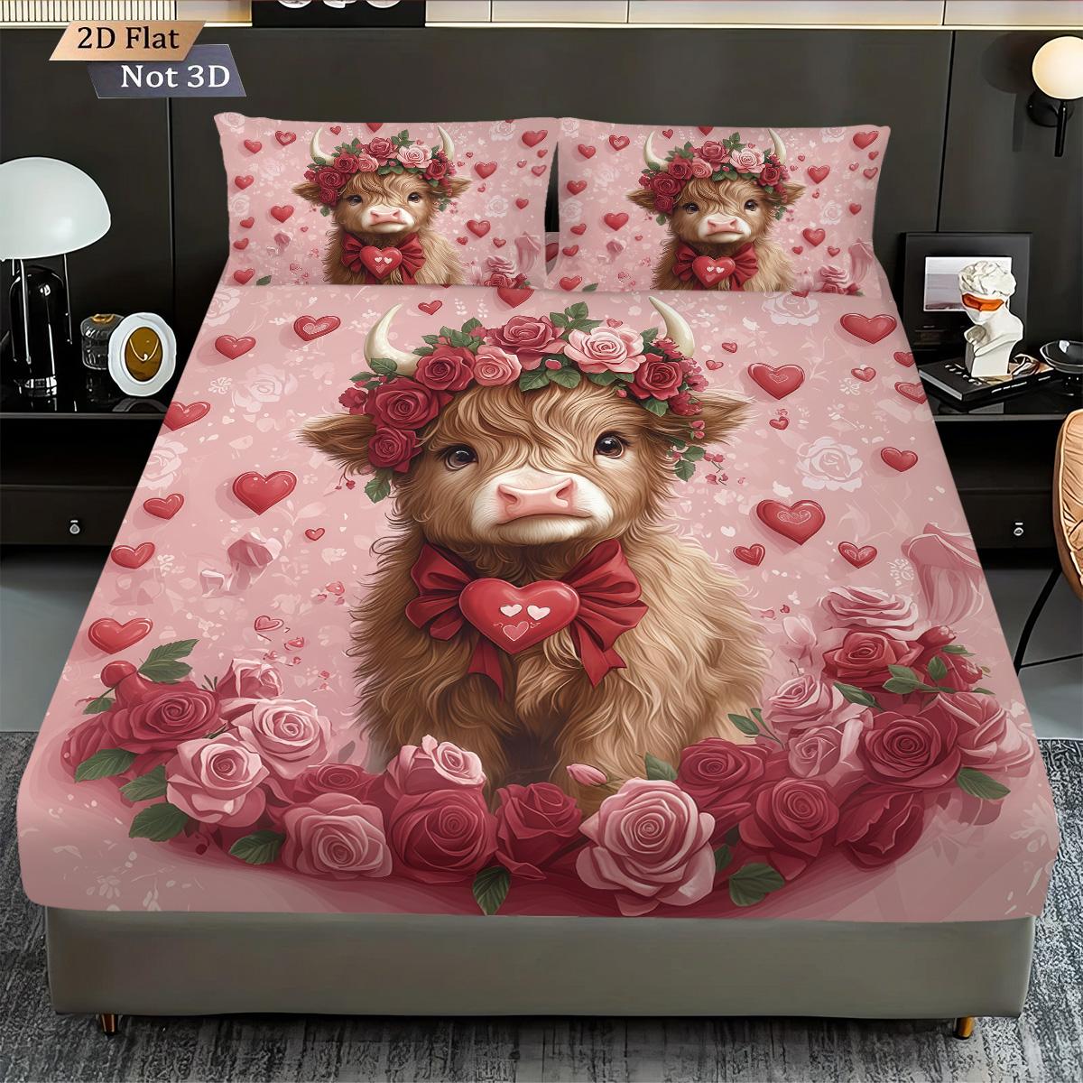 

3pcs Valentine s Day Romantic Highland Cow Print coreless Bed Sheet Set Multiple Sizes Bed Cover Bedroom Bedding Decoration 90x191cm