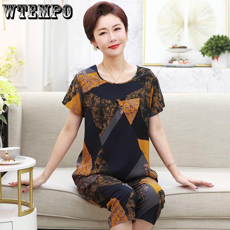 WTEMPO Letní dvoudílný set pro matku Velká velikost Oblečení pro babičku Tričko s krátkým rukávem Kalhotový set Domácí oblečení
