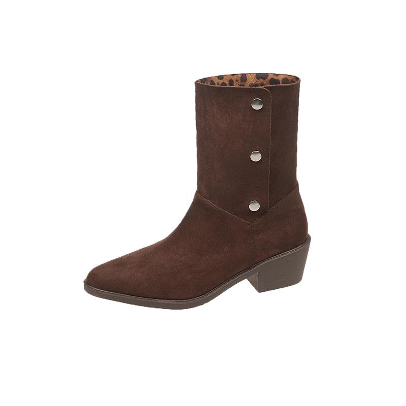 Mature and Elegant Suede Thick Heel Fashion Boots Women's 2025 Autumn New Wear Versatile Fashion Medium Heel Thin Short Boots