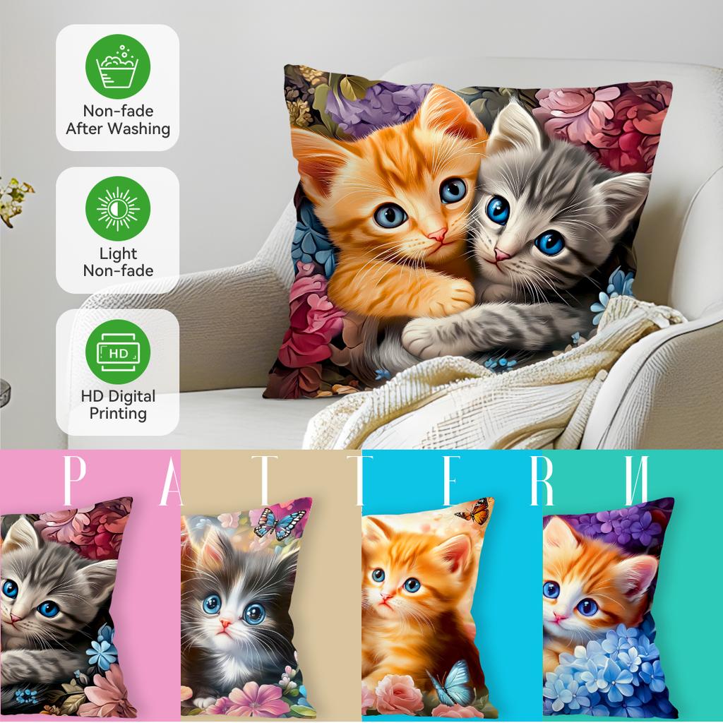 Cute Kitten And Floral Design Pillowcase Bedroom Sofa Cushion Cover 100% Polyester Living Room Cushion Pillowcase Home Decor