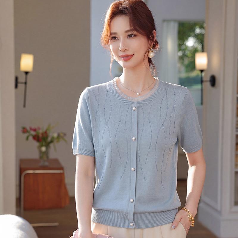 2026 Stylish Ice Silk T-shirt for Middle-aged & Elderly Women - Versatile Round Neck Short Sleeve Knit Top