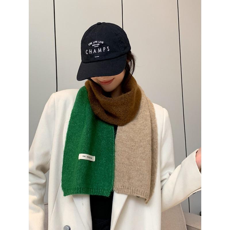 Autumn and winter splicing color matching plaid long thickened versatile warm scarf female scarf couple student solid color