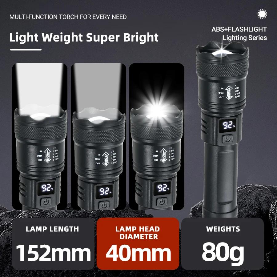 High Strong Power Led Flashlights 2000LM Tactical Torch with Display Light USB Charging Camping Fishing Emergency Zoom Lantern
