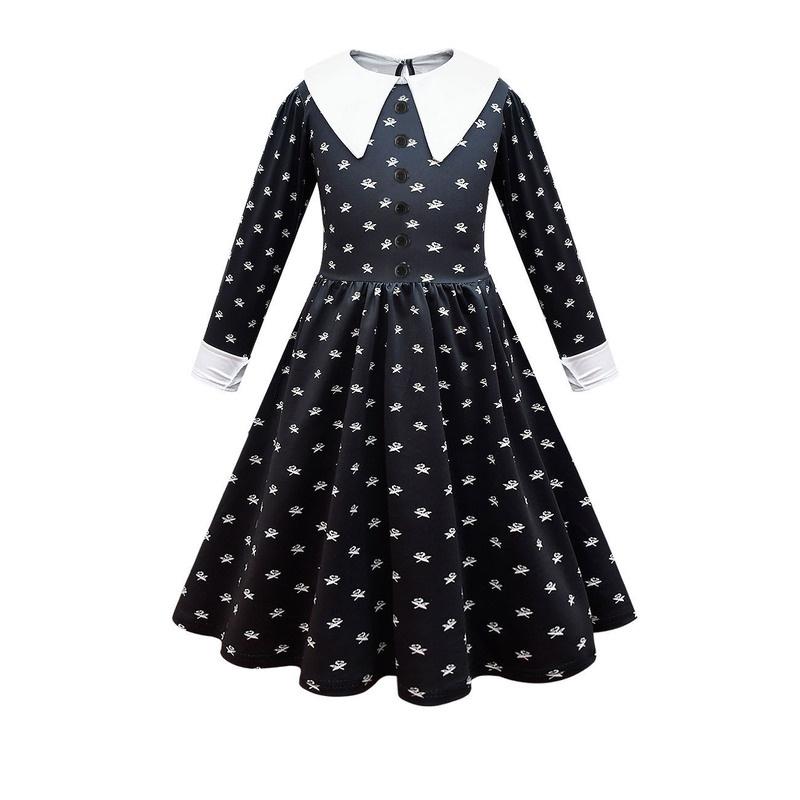 Wednesday Addams Dress Wig Cosplay Costume For Kid Girl Halloween Xmas Party