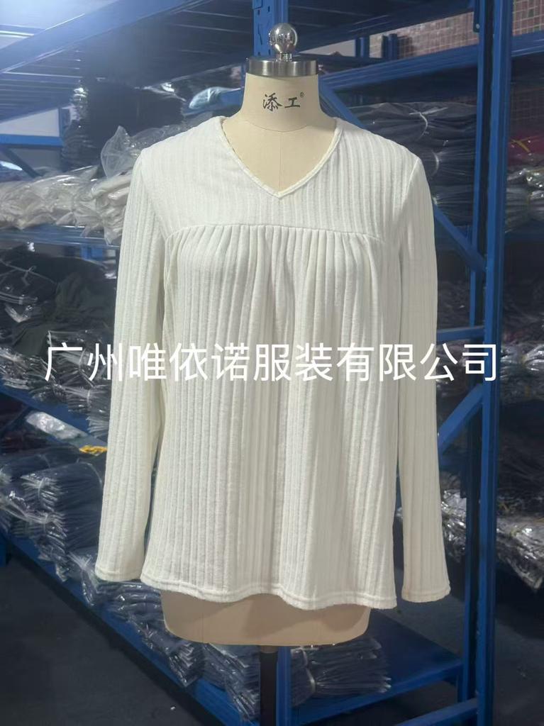 Women's V Neck Ribbed Knit Long Sleeve Tunic Top Pleated Front Curved Hem Casual Fall Blouse