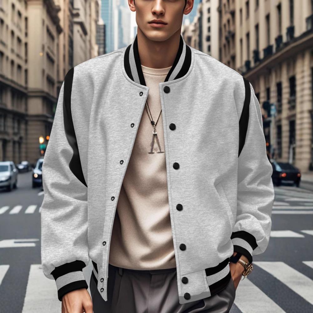 

2026 European and American Men s Trendy Autumn and Winter Patchwork Buttoned Baseball Jacket Cardigan Coat S светло-серый