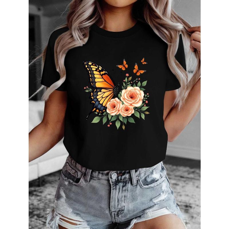 

European Size European Size Women s Pure T-Shirt with White & Pink Butterfly & Rose Print - Short Sleeve Round Neck Casual Blush Top 4XL чорний