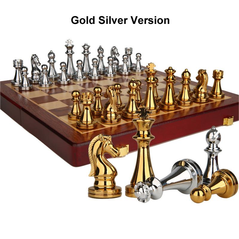 Gold Silver Luxury Zinc Alloy Chess Figures 30*30*2.8Cm Wooden Chess Set Folding Retro Home Chess Decoration Set Chessboard Game