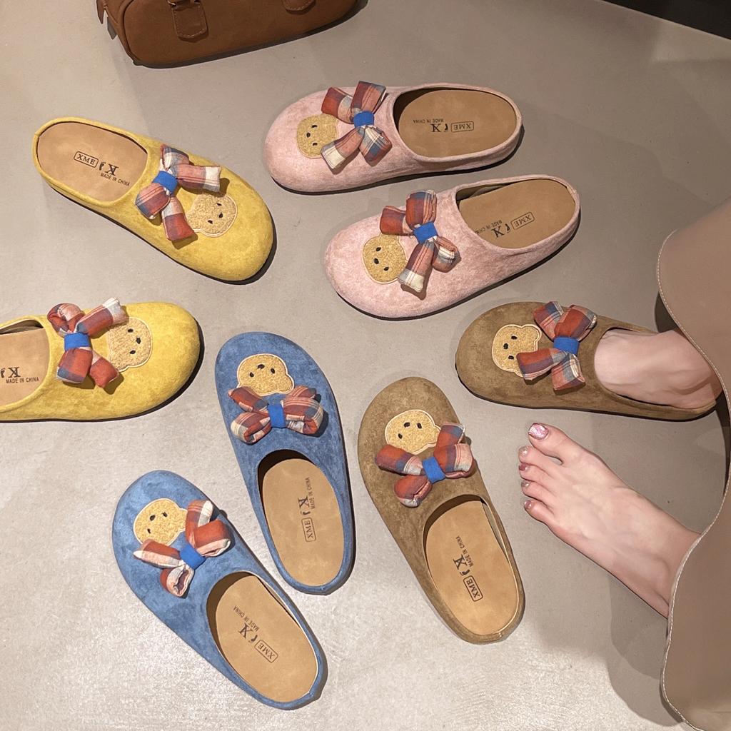 Autumn and winter fluffy shoes women's shoes women's one-word drag cute bear cartoon platform outdoor velvet thermal casual flat slippers